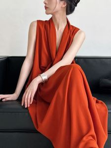 Elegant Black Asymmetrical Long Dress High-End Goddess Style Summer Fashionable Ladies Dress Tagkita Brand Polyester Fiber