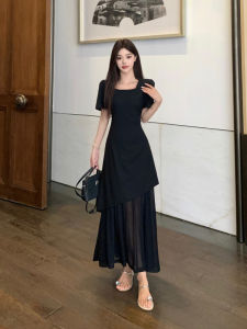 XUECAIQI | Summer New Style Plus Size Womens French Mesh Spliced Square Neck Waist-Cinching Slim Fit Fish Tail Dress