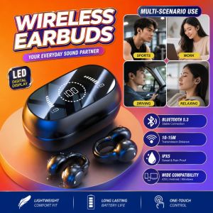 KEBIDUMEI Wireless Ear Clip Bluetooth Headset - Open-Ear Bone Conduction 9D Stereo LED Power Display IPX5 Waterproof Long Battery Life for Sports & Gaming