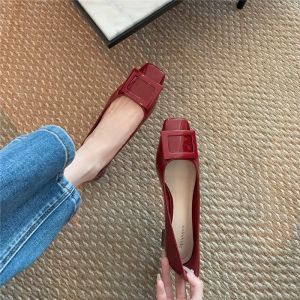 Goatskin Version ~ French Style Square Buckle Chunky Heel Flats Womens 2024 Spring & Fall New Arrival All-Matching Graceful Square Toe Patent Leather High Heels