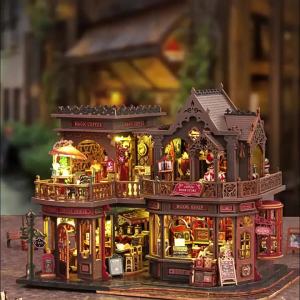 Wooden Cabin Cafe DIY Miniature Coffee House Model Handcrafted Assembly Book Stand Decoration Children Toy Kid Birthday Gifts