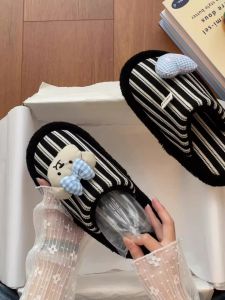 Dép Cotton Kẻ Sọc Hình Chú Chó Dễ Thương Cho Nữ Dép Lót Trong Nhà Mùa Thu Đông Chống Trượt Ấm Áp Có Gót Dép Cotton Thoải Mái