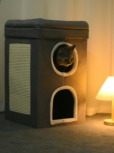Lovinland Cat Tree Bed with Scratching Board  Four Season Pet Cats Furniture Winter Warm Cat House 3 Tier Pet Cave Foldable Bed for Indoor Kittens Shelter Nest