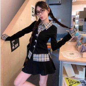 Kemeja Wanita Lengan Panjang & T-shirt Slim Top Desain Tombol