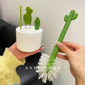 แปรงทำความสะอาดแก้วคactus พร้อมกล่องเก็บของ แปรงล้างแก้วน้ำแบบมีด้ามจับยาว แปรงล้างขวดนมแบบไร้ร่องรอย
