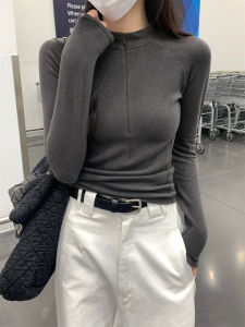 plus Size Grey Zipper Long Sleeve T-Shirt Womens Autumn Design Fishbone Base Shirt Top High Collar Comfortable Breathable