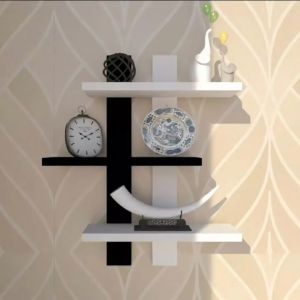 DEcTionS Rak Kayu Gantung Minimalis Tempat Bunga Dekorasi Dinding 3 Susun Zigzag Hitam Putih