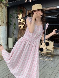 YINLUOYA | Casual Plaid Mini Dress Summer High Waist A-Line Skirt Short Sleeve Fresh Style Long Dress Casual No-Sleeve Grid Fresh Long Dress