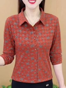 Middle-Aged Ladieswear Turn Autumn New Arrival Fashion All-Match Shirt Collar Jacquard Bottoming Shirt Elegant Slimming Long Sleeve Top