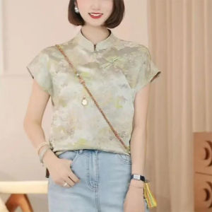 Shalldoer | New Chinese Style Stand Collar Short Sleeve Shirt Ladies Summer High Vintage Fashion Printed Casual Fit Clothing Floral Print