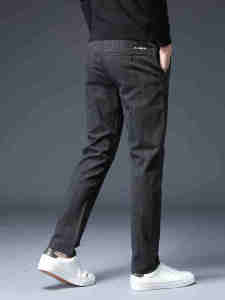 Mens Casual Straight Leg Pants Autumn Winter Fleece Lined Brushed Thickened Elastic Waist Stripe Pattern Business Casual Trousers