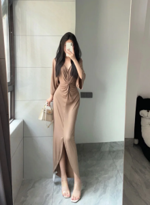 Elegant French Knitted Summer Dress Womens Slimming Long Skirt V-neck Midi Dress Cool Sensation Comfortable Fit Versatile Dress