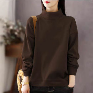 เสื้อสเวตเตอร์คอปกสั้นพิมพ์ลายผ้าฝ้ายทรงหลวมแขนยาวสำหรับผู้หญิงไซส์ใหญ่ ฤดูใบไม้ร่วง/ฤดูหนาว เสื้อตัวบนแบบลำลอง