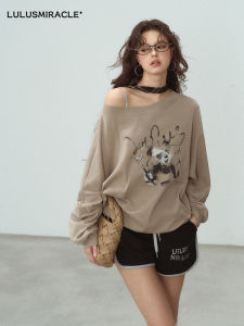 Printed Off-Shoulder Long Sleeve Round Neck Hoodie