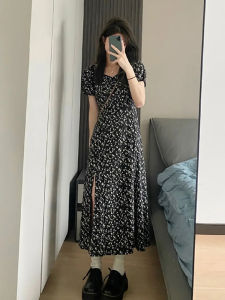 French Elegant Midi Length Square Collar Slit plus Size Womens Slimming Dress Summer Black Floral Skirt Short Sleeve Dress