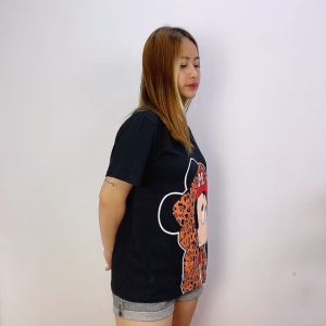 047 COD Kaos Wanita Lengan Pendek Mickey Hoodir Leopard Print