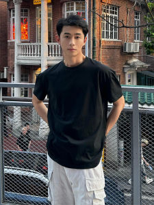 Black Short Sleeve Mens T-shirt Cotton Half Sleeve Summer Fashion Cleanfit Pure Cotton Heavyweight Five-Point round Neck T-shirt