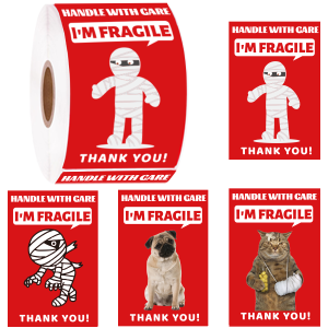 200 PCS Funny Fragile Stickers - 4 Designs (Dog Cat Mummy) 3x2 Inches Permanent Adhesive Labels for Shipping Moving Glass