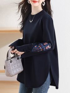 Loose Fit Long Sleeve Embroidered Cotton T-Shirt Mid-Length Base Layer Top for Women Casual Style Autumn New Arrival