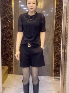 Áo Thun Ren Cổ Tròn Tay Lửng Áo Thun Nữ Giản Dị Ôm Vừa Vặn Màu Đen Thời Trang Mùa Xuân Thường Ngày Bằng Vải Polyester