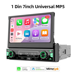 Grandnavi | 1DIN 7Inch MP5 Car Radio Player FM AM RDS Automatic Retractable IPS Touch Screen Wireless CarPlay Android Auto Car Stereo GPS
