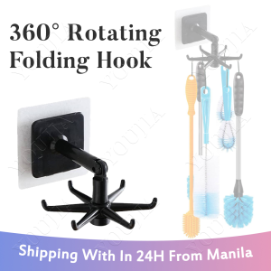 Hanging Utensil Holder Hooks Kitchen Utensil Hanger Wall Mount 360 Degrees Rotating Folding Hook Self Adhesive Hook Utensil Rack with 6 Hooks for Kitchen Bathroom Cabinet