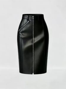 Black Faux Leather Zip Front Pencil Skirt Front Zippered Black Leather Look Pencil Skirt