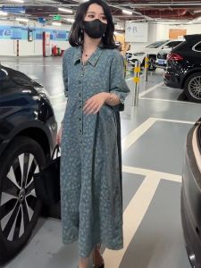 ฤดูร้อน พลัสไซส์ ผู้หญิง หลวม พรางหุ่น High End เรียบหรู ชุดเดรสพิมพ์ลายยาวหรูหรา เดนิม กระโปรงทรงเอ ปกโปโล แขนสั้น