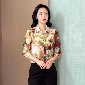 AMMIN Spring 2025 new simple lapel fashion vintage floral print single breasted commuter chiffon blouse Korean style long sleeve plus size elegant Blouse