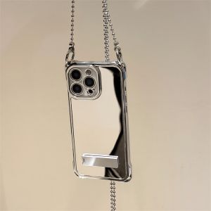 Silver Plated Full Screen Mirror Phone Case for iPhone 16 pro Max Foldable Crossbody Chain Womens Style Luxury Fashion Protection Stand