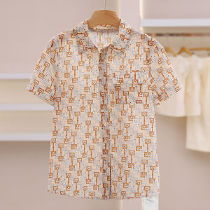Single Button Stand Collar Stylish Pattern Short Sleeve Versatile Shirt