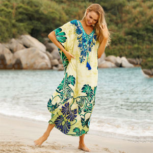 2024 Saida de Praia Bikini Cover Ups Cotton Long Beach Dress Plus Size Pareo Beach Tunic  Summer Printing Kaftan