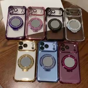 Luxury Plating Mirror Bracket Magnetic Phone Case for iPhone 18 17 16 Pro Max Plus 18Pro TPU Airbag Protective Transparent Cover