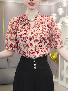 เสื้อยืดแขนสั้นผู้หญิงฤดูร้อน 2025 ใหม่ ลายดอกไม้ ทรงเข้ารูป เสื้อเชิ้ตผู้หญิง ทรงเข้ารูป แขนสั้น แฟชั่นสุดหรู สำหรับงานปาร์ตี้