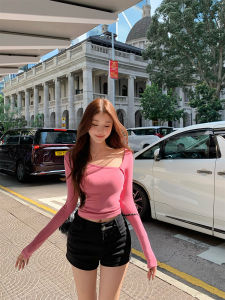 เสื้อยืดแขนยาวผู้หญิง BULENG ทรงเข้ารูป คอวี หลวมๆ แต่ไม่เป็นกลาง สำหรับฤดูร้อน เสื้อชั้นในแบบมีฮู้ด สำหรับผู้หญิงวัย 18-24 ปี