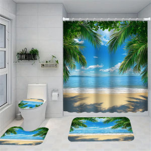 1/4 seaside scenery shower curtains toilet seat decoration shower curtain with carpet and toilet lid 12 70.8x70.8 inch hooks