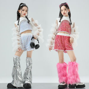 LOlanta Girls Jazz Dance Outfit Sequin Tank Top Shorts with Leg Warmers Tassel Design Mesh Crop Top Street Dance Stage Model Performance Costume
