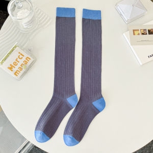 Spring and Summer New Color Matching Wide Stripe Calf Socks Female Japanese Style JK Contrast Color Vertical Stripe Cut Out Thin Cotton Socks Long Tube Knee Length Socks