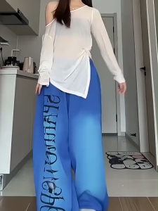 [Summer letter print ripped wide-leg pants]กางเกงขากว้างเอวสูงฉีกพิมพ์ลายตัวอักษรอเมริกันไล่เฉดสีสำหรับผู้หญิงในช่วงฤดูร้อน