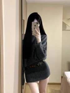 ชุดเดรสสั้นถักแขนยาวสไตล์เกาหลีสำหรับผู้หญิงในฤดูใบไม้ร่วงและฤดูหนาว กระโปรงสั้นทรงเอเข้ารูป เสื้อผ้าทำงานสีพื้น