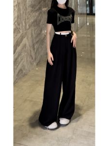 American Style High Waist Wide Leg Suit Pants Women Summer New Straight Casual Trousers Loose Drapey Color Block Floor-Length