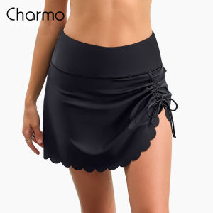 Charmo Womens High Waisted Split Swim Skirt Sporty Drawstring Skirted Swim Bottom with Built-in Panty