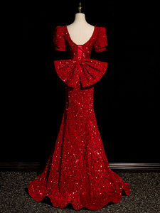 Bridal Wine Toast Dress New Wine Red Bowtail Fish Tail Sequin Evening Gown