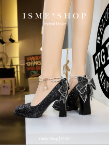 Wedding Shoes for Short Women Waterproof Platform High Heels Red Bow Tie Diamond Decorated Female Fashion Single Shoes