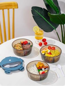 กล่องอาหารกลางวันแบบมีฝาปิดได้ พิมพ์ลายเรียบง่าย ใช้ในครัวเรือนได้ กล่องข้าวแบบกลม กล่องข้าวแบบมีชั้นเดียว