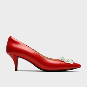 HOPE ROZA (ROSA) - MARYLYN Women Pointed Toe Kitten Heel Pump - Soft Leather Heels With Crystal Buckle for All Year Round Occasion - Red