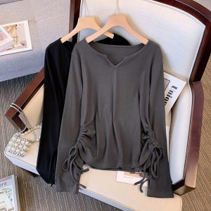 plus Size Fashionable Long Sleeve T-Shirt Spring 2024 Slimming Belly Cover Stylish Top Korean Style V-Neck Drawstring Detail