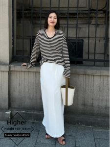 Extended Size High Waist Thin Linen Half Skirt for Taller Women Summer A-Line Long Skirt Korean Style Commute Belted Pure Color