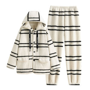 yuenei | YueNei Mens Sleepwear Coral Fleece Flannel Thickened Winter Home Clothes Long Sleeve Hoodie Pants Leisure Warmth Polyester Fiber