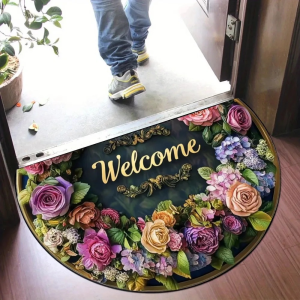 VIKAMA Half Round Welcome Rose Floral Green Metal Vintage Art Crystal Velvet Door Mat Non Slip Entryway Bedroom Living Room Home